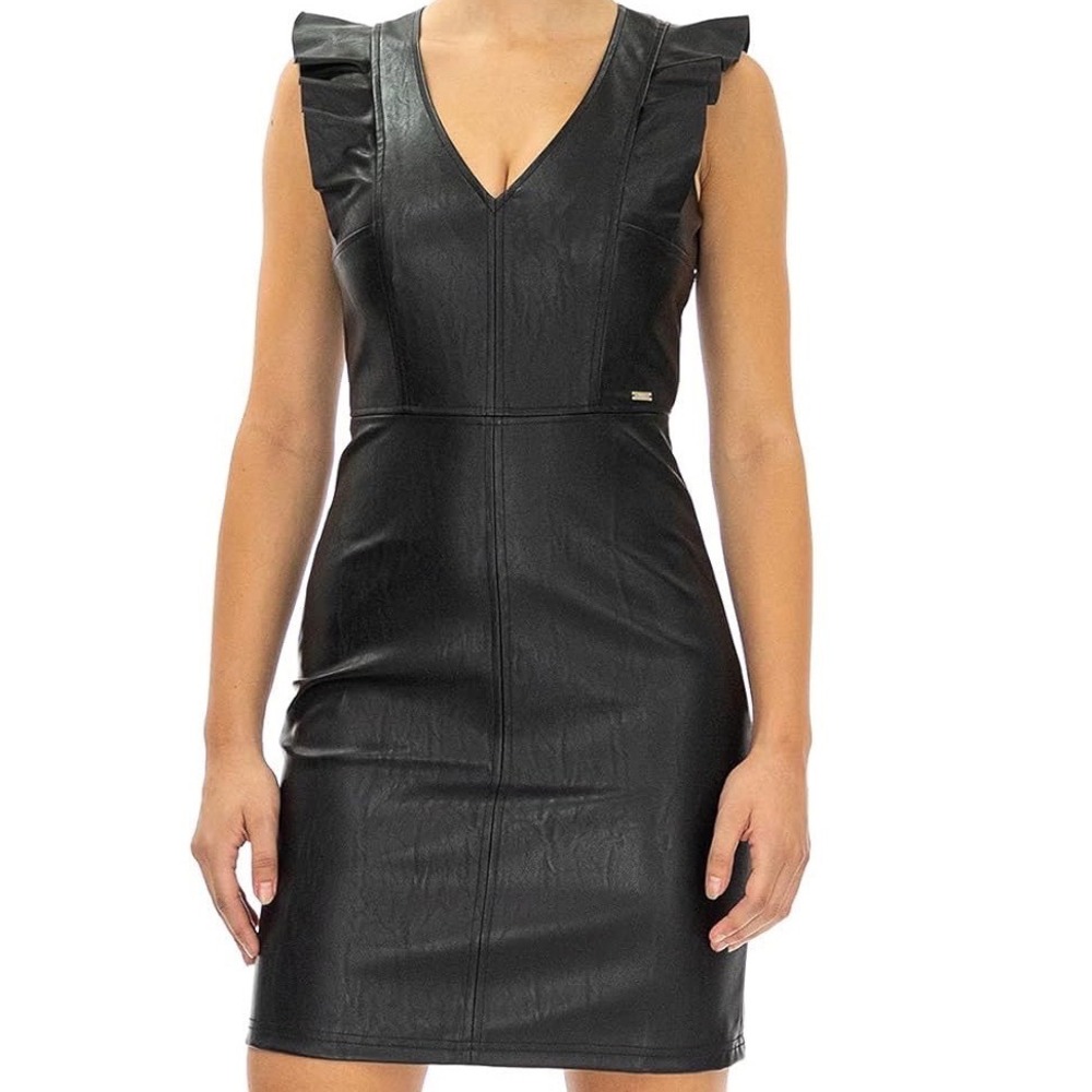 Armani Exchange Womens Black Faux Leather V-Neck Ruffle Mini Dress Size 10 e3